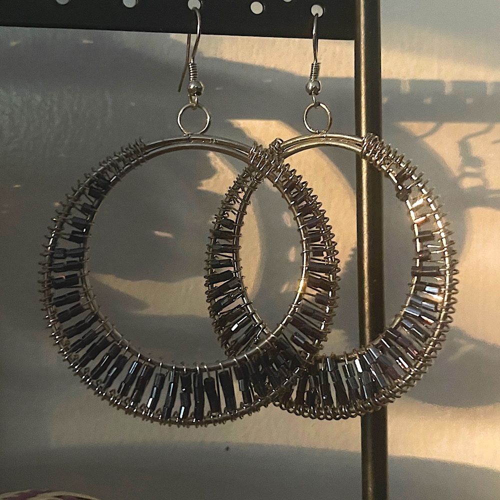 Silver-tone Metal Dangle Disc with Beads Earrings